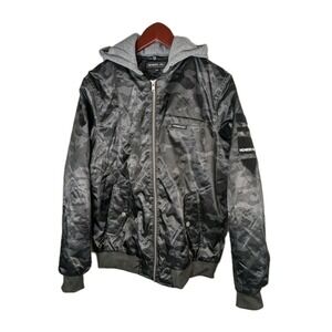 Members Only Bomber Jacket Black Camo Zip Flight Satin Hooded Grunge Mens M A057